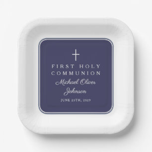 Assiettes En Carton Première communion garçon croix bleu marine modern