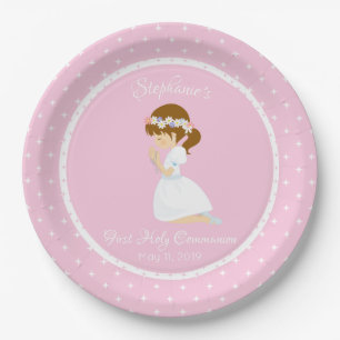 Assiettes En Carton Première communion personnalisée Brunette Girl