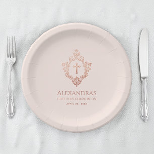 Assiettes En Carton Première communion rose fille Élégante Rose Gold C
