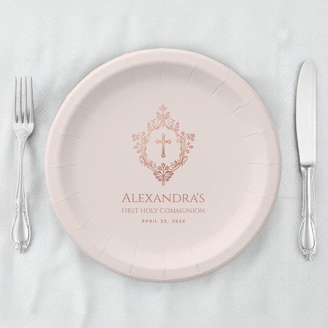 Assiettes En Carton Première communion rose fille Élégante Rose Gold C (Créateur téléchargé)