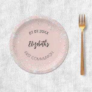 Assiettes En Carton Première communion rose or argent parties scintill