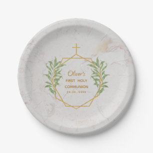 Assiettes En Carton Première Communion Verdure Or Botanique Géométriqu
