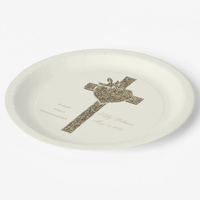 Assiettes En Carton Première Croix de la Communion avec la colombe et  (Angle)