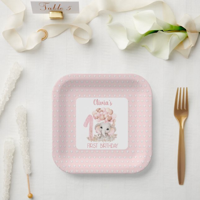 Assiettes En Carton Première fille d'anniversaire Eléphant rose (Mariage)