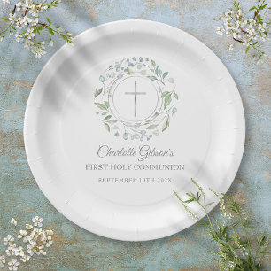 Assiettes En Carton Première Sainte Communion Croix d'argent verte