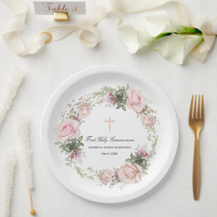 Assiettes En Carton Première Sainte Communion Croix rose
