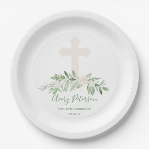 Assiettes En Carton Première sainte communion de croix rose élégant