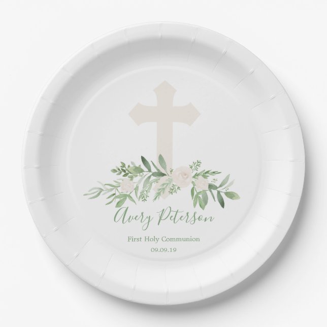 Assiettes En Carton Première sainte communion de croix rose élégante (Devant)
