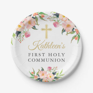 Assiettes En Carton Première sainte communion de fille florale rose