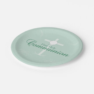 Assiettes En Carton Première Sainte Communion, écriture en vert doux