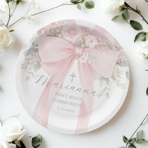 Assiettes En Carton Première Sainte Communion Élégant Floral Nœud Rose