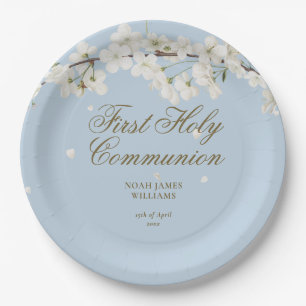 Assiettes En Carton Première Sainte Communion Élégante Bleu Bleu Blanc