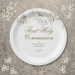 Assiettes En Carton Première Sainte Communion Élégante Fleur Blanche F