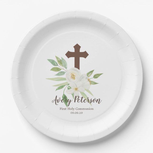 Assiettes En Carton Première sainte communion florale blanche et verte (Devant)