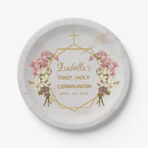 Assiettes En Carton Première Sainte Communion Orchidées en marbre d'or