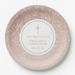 Assiettes En Carton Première Sainte Communion Paillettes Or Rose