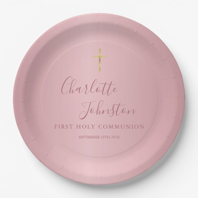Assiettes En Carton Première Sainte Communion Rose Moderne (Devant)