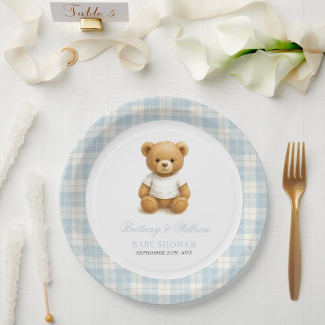 Assiettes En Carton Preppy Bear Blue Plaid Baby shower moderne (Mariage)