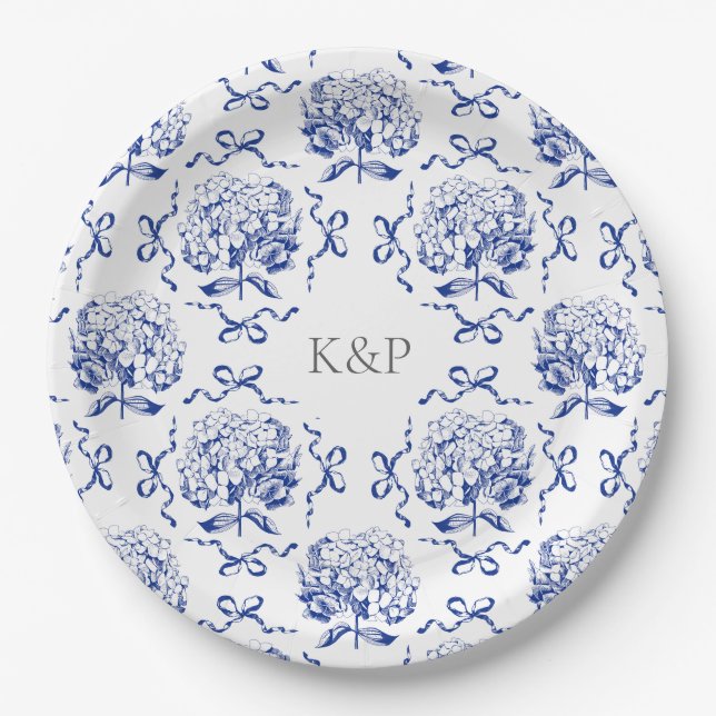 Assiettes En Carton Preppy Blue Toile Hydrangea Bow avec nom (Devant)