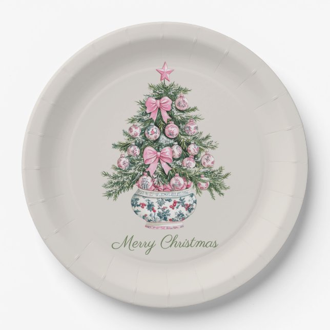 Assiettes En Carton Preppy Chinoiserie Arbre de Noël Personnalisé (Devant)