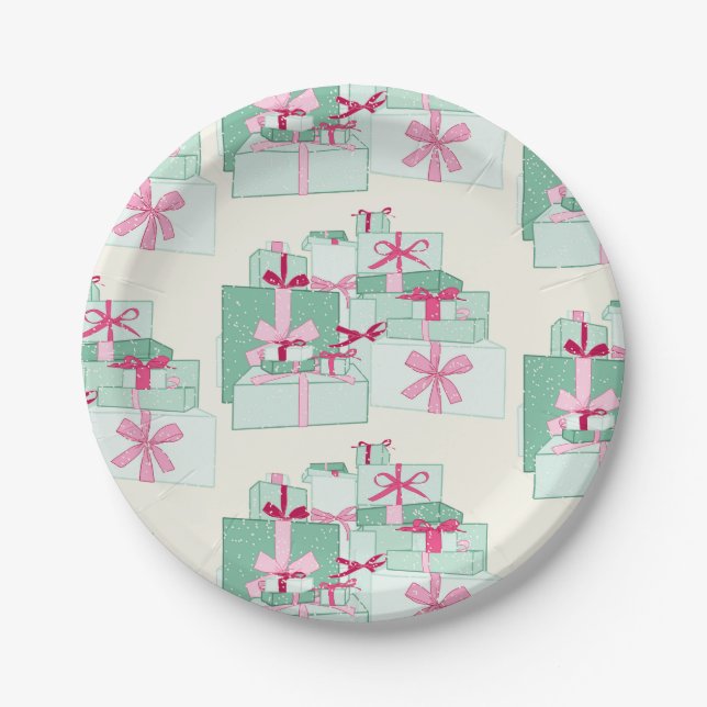 Assiettes En Carton Présentations de Noël empilées vertes et roses (Devant)