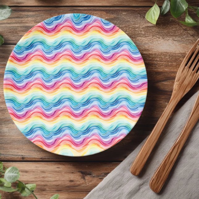 Assiettes En Carton Pride Wavy Rainbow Stripes Pattern Summer (Créateur téléchargé)