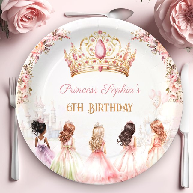 Assiettes En Carton Princess Crown Rose or Floral Girl Anniversaire (Princess Crown Pink Gold Floral Girl Birthday Paper Plates)
