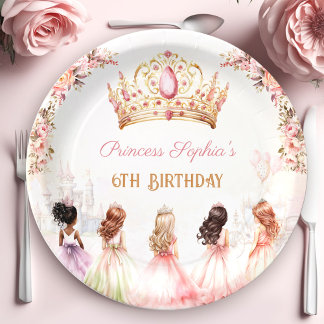 Assiettes En Carton Princess Crown Rose or Floral Girl Anniversaire