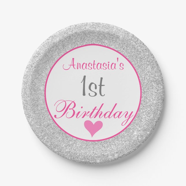 Assiettes En Carton Princess Pink & Silver Parties scintillant 1er ann (Devant)