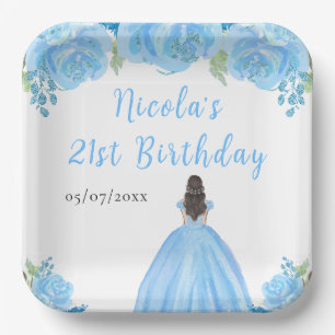 Assiettes En Carton Princesse aux Cheveux Bruns Fête d'Anniversaire Fl