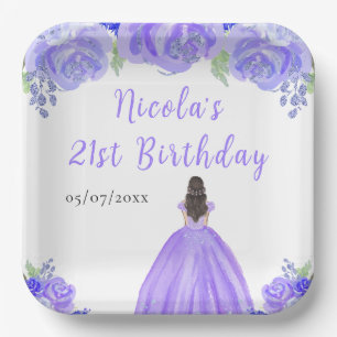 Assiettes En Carton Princesse aux Cheveux Bruns Fête d'Anniversaire Fl