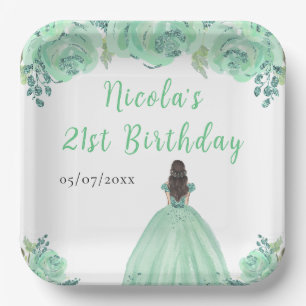 Assiettes En Carton Princesse aux Cheveux Bruns Fête d'Anniversaire Fl