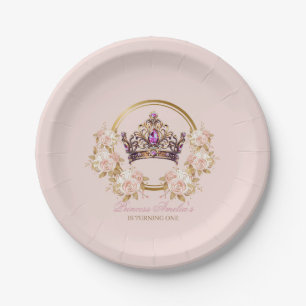 Assiettes En Carton Princesse Couronne d'or rose 1er anniversaire