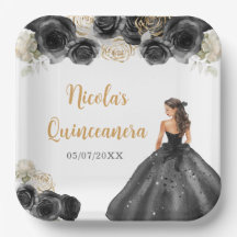 Princesse Florale en Robe Noire Quinceanera