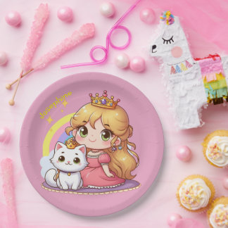 Assiettes En Carton Princesse mignonne personnalisable avec chat blanc