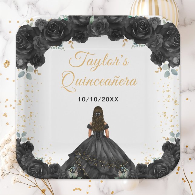 Assiettes En Carton Princesse noire Floral Quinceañera (Créateur téléchargé)
