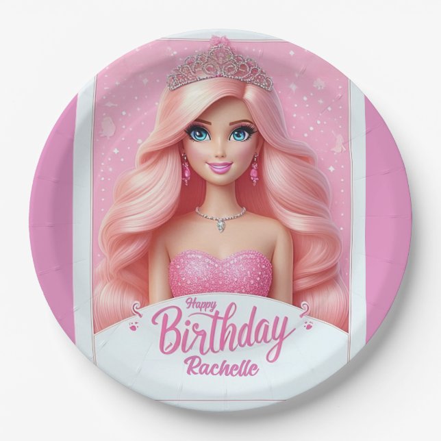 Assiettes En Carton Princesse rose personnalisée Joyeux anniversaire (Devant)