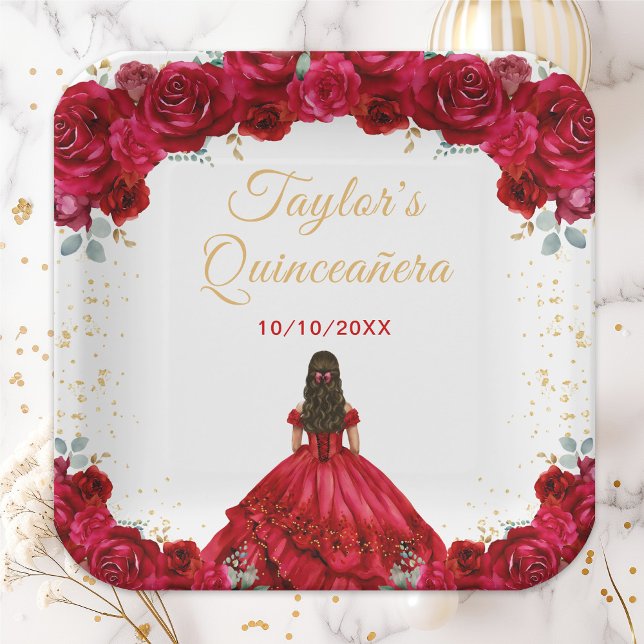 Assiettes En Carton Princesse Rouge Floral Quinceañera (Créateur téléchargé)