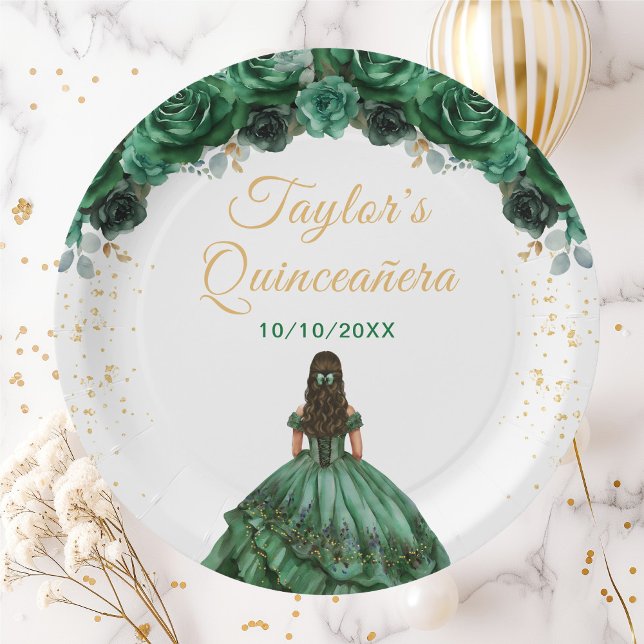Assiettes En Carton Princesse Vert foncé Floral Quinceañera (Créateur téléchargé)
