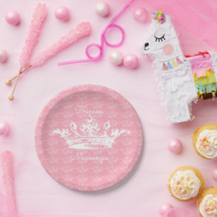 Assiettes En Carton Princesse Vintage rose-n-blanc Couronne Personnali