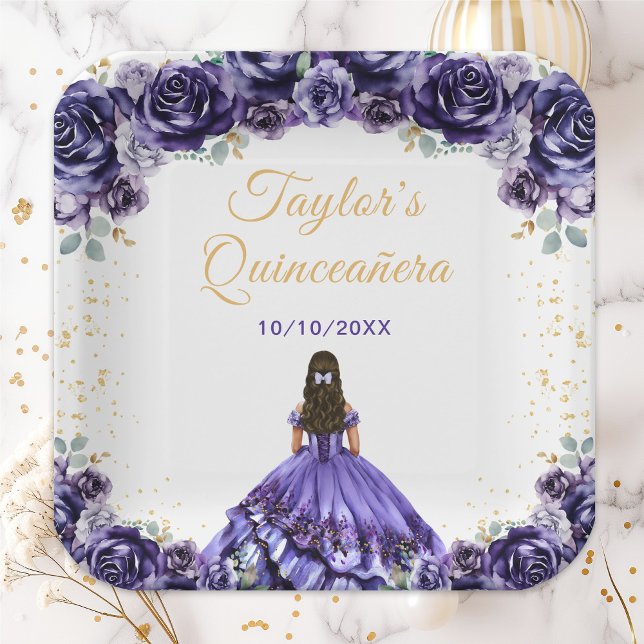 Assiettes En Carton Princesse violette foncée Floral Quinceañera (Créateur téléchargé)