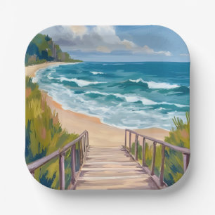Assiettes En Carton Promenade de l'Océan Vagues de Plage Côtières