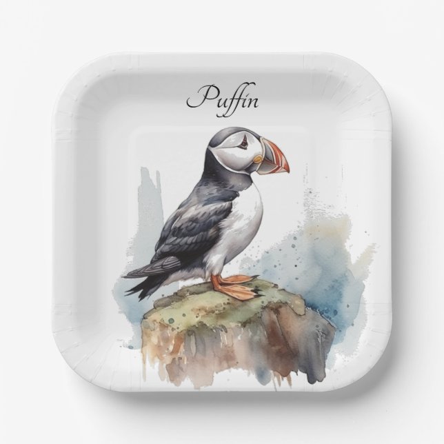 Assiettes En Carton Puffin sur une aquarelle rocheuse, personnalisé (Recto)