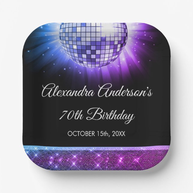 Assiettes En Carton Purple 70th Birthday Party 70's Disco Ball (Recto)
