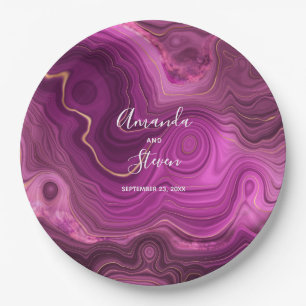 Assiettes En Carton Purple Amethyst & Gold Abstrait Agate Mariage Pape