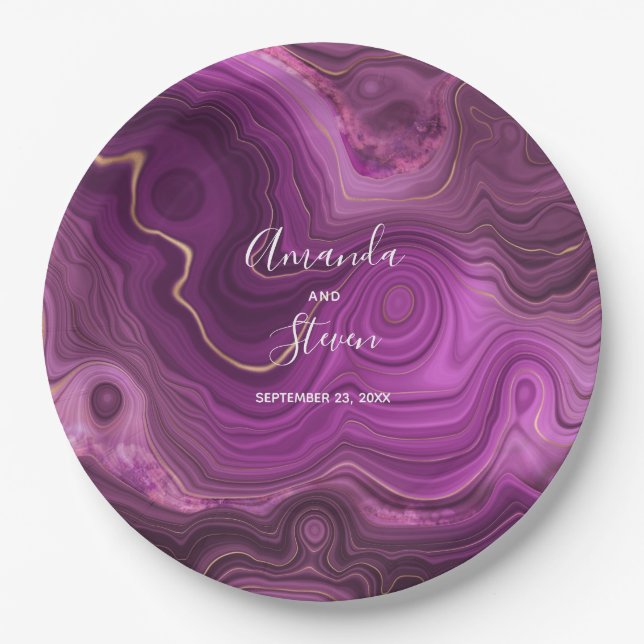 Assiettes En Carton Purple Amethyst & Gold Abstrait Agate Mariage Pape (Devant)