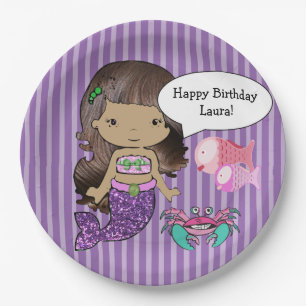 Assiettes En Carton Purple Brunette Mermaid Plaques de fête d'annivers