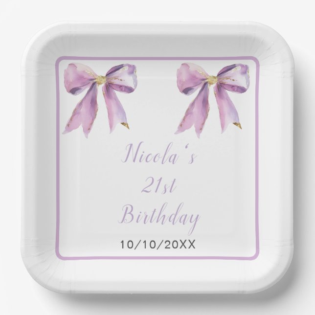 Assiettes En Carton Purple Coquette Bow fête d'anniversaire (Recto)
