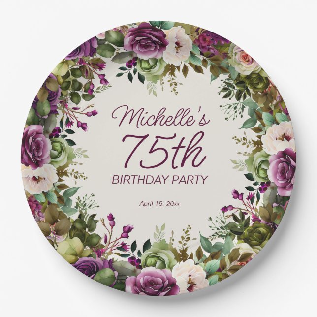 Assiettes En Carton Purple Floral Green Feuilles 75e anniversaire (Devant)