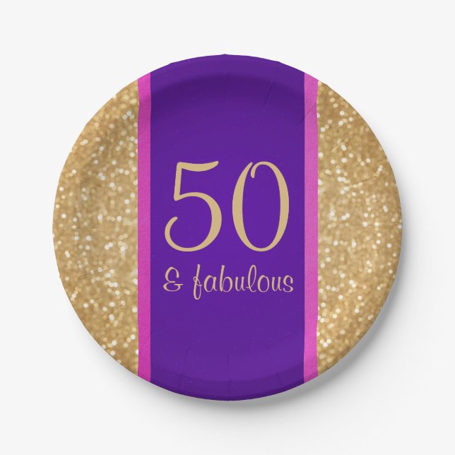 Assiettes En Carton Purple & Glittery 50 & Fabuleux 50e anniversaire (Devant)